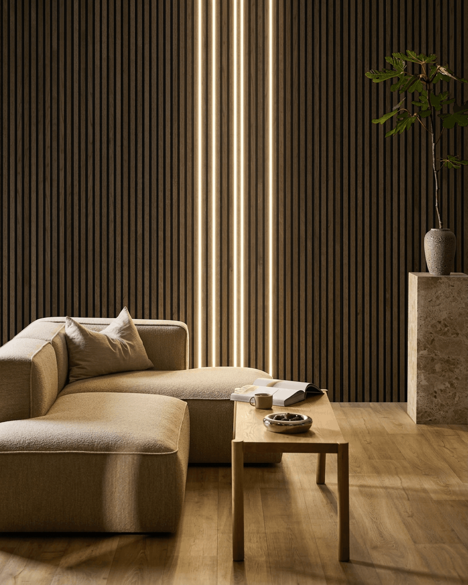 Minimalistiskt vardagsrum med en beige soffa, träsoffbord och en hög vas framför en vägg med WoodUpp Akupanel akustikpanel i trä, upplyst av Lumi LED-list.