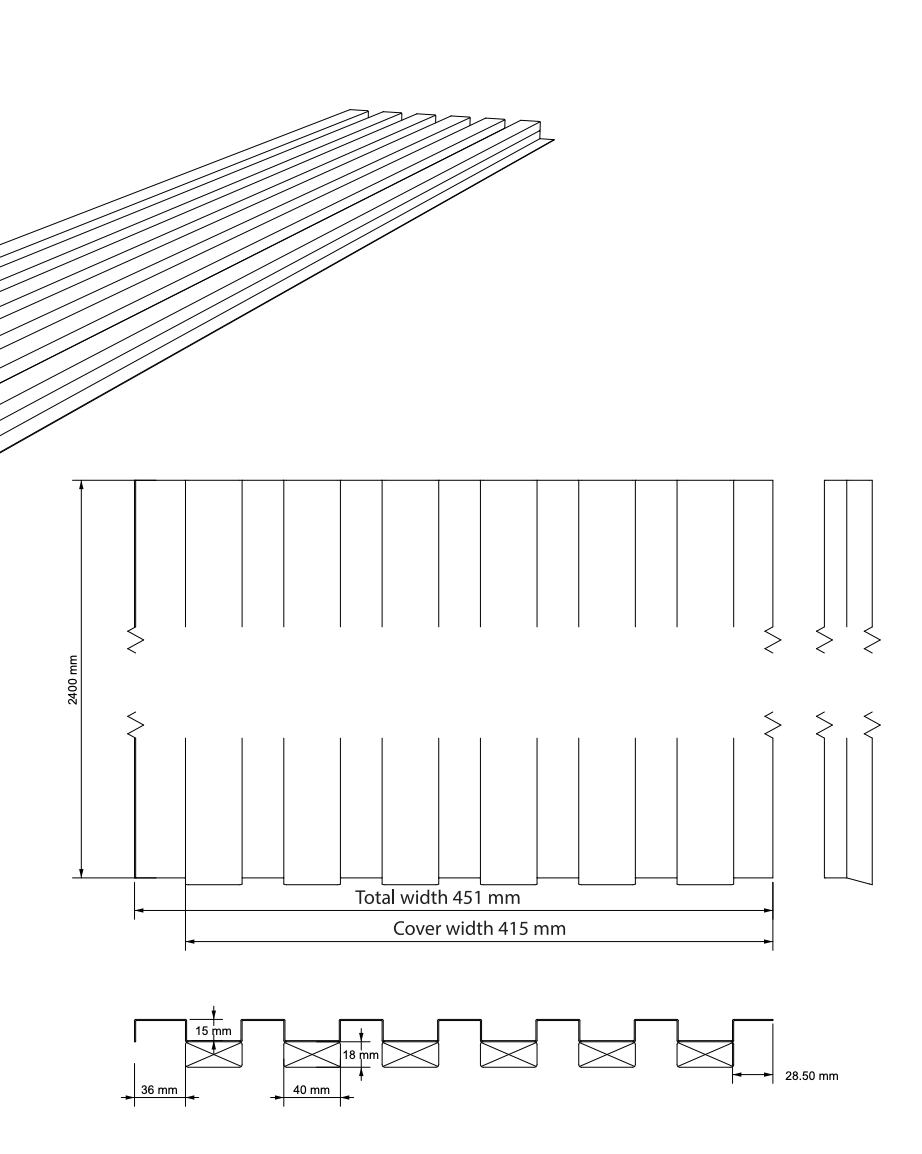 Technical drawing of a corrugated facade panel showing 451 mm width, 415 mm cover width, 28.50 mm height, and a detailed cross-section for installation.