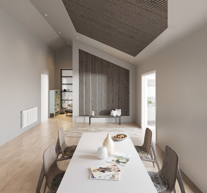 Akupanel | 240 rustic grey oak shown on wall and ceiling in a living room